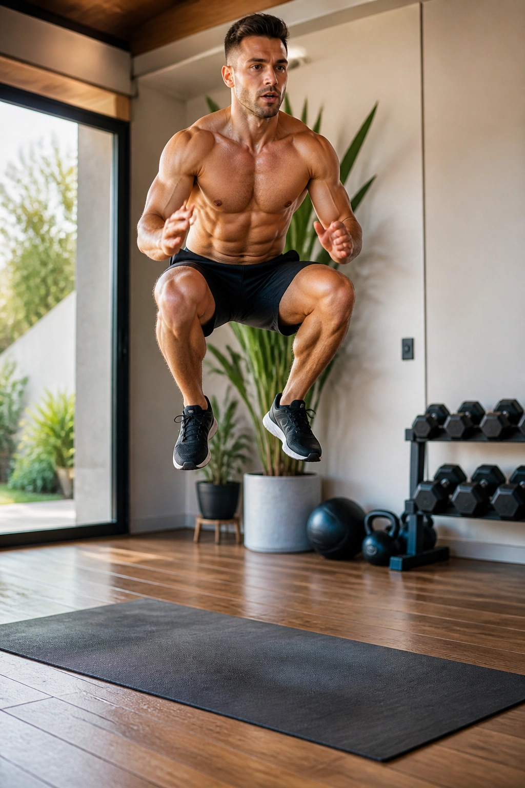 Person performing squat jumps during countdown finisher in home gym.