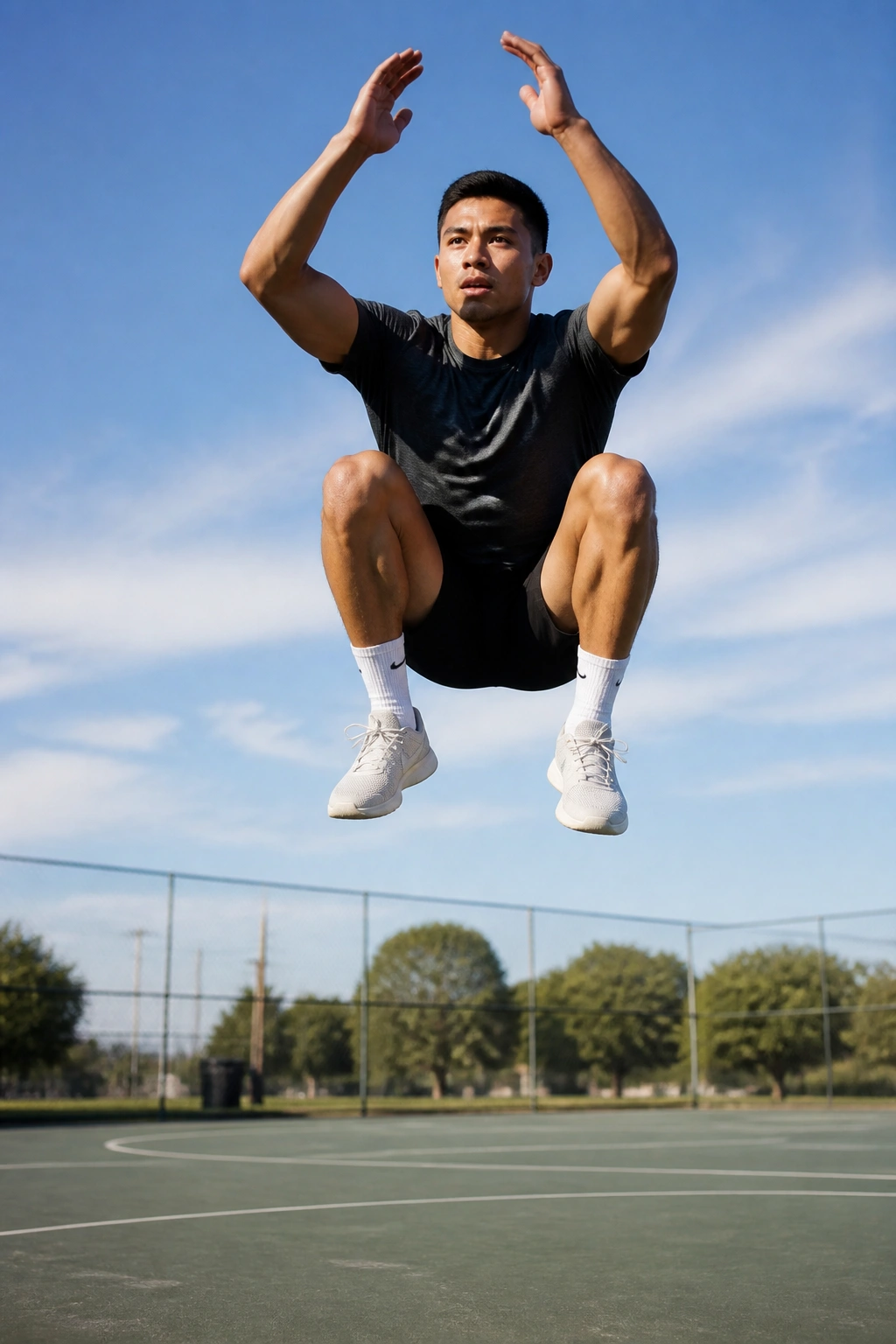 Athlete performing a countermovement jump on an outdoor court