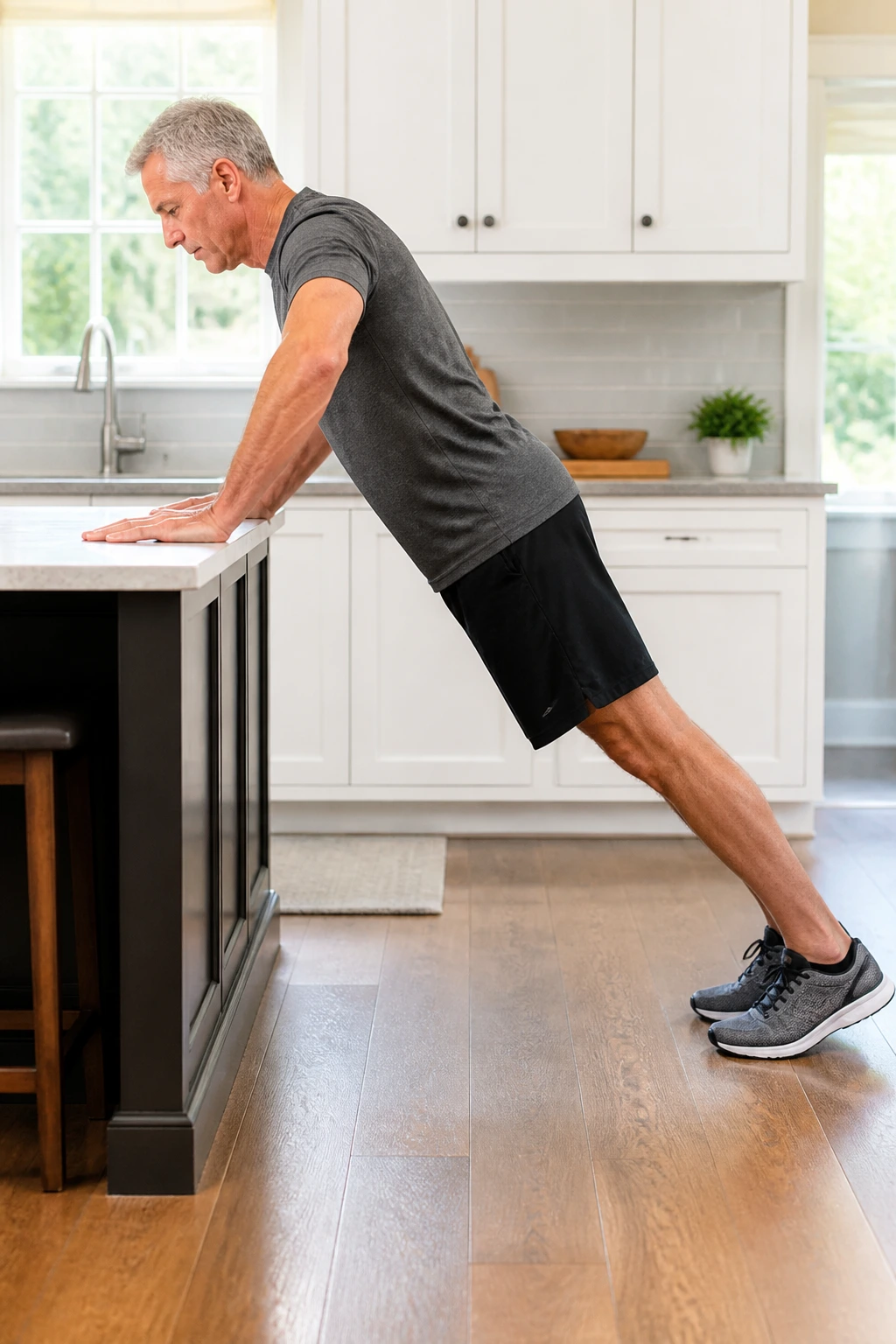 Real person performing incline countertop push-up in a bright kitchen.