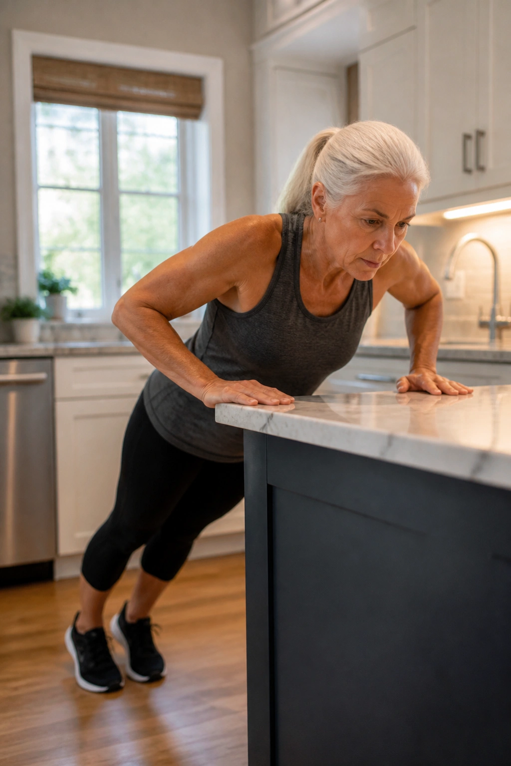 Older adult performing countertop push-ups with hands on kitchen counter