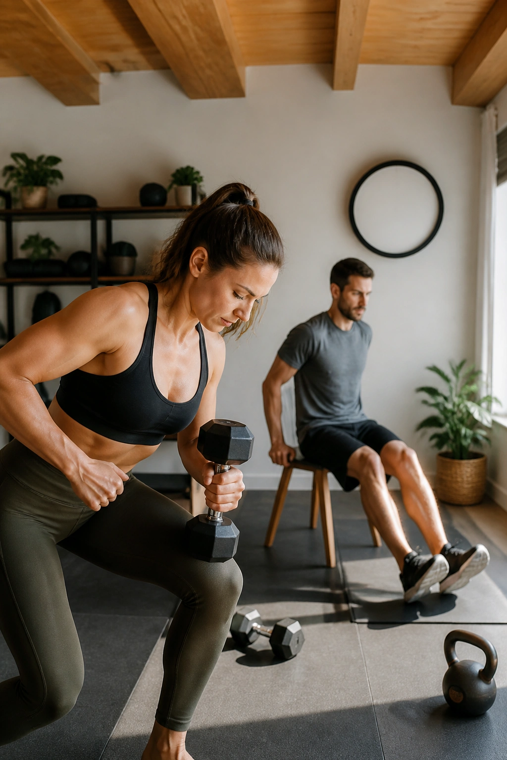 Couple performing an EMOM-style finish in a bright home gym with a timer on the wall