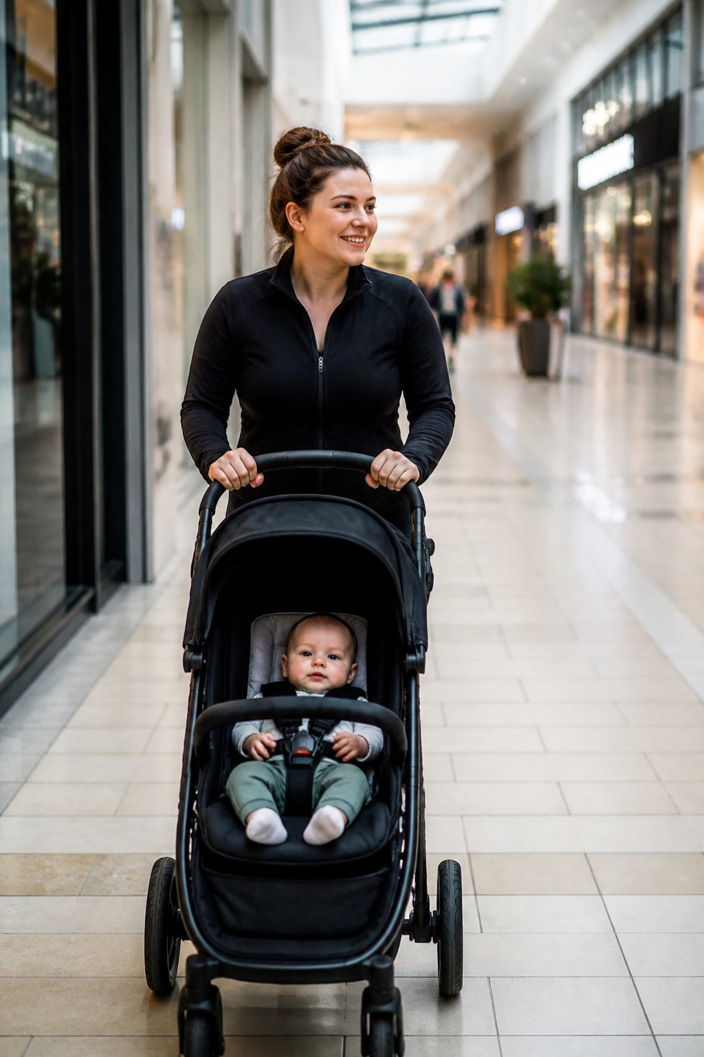 Real mom pushing stroller through a bright indoor covered walkway