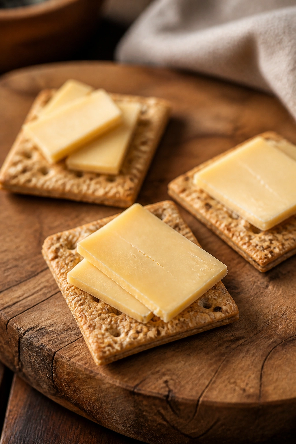 Crackers with cheese on a wooden board