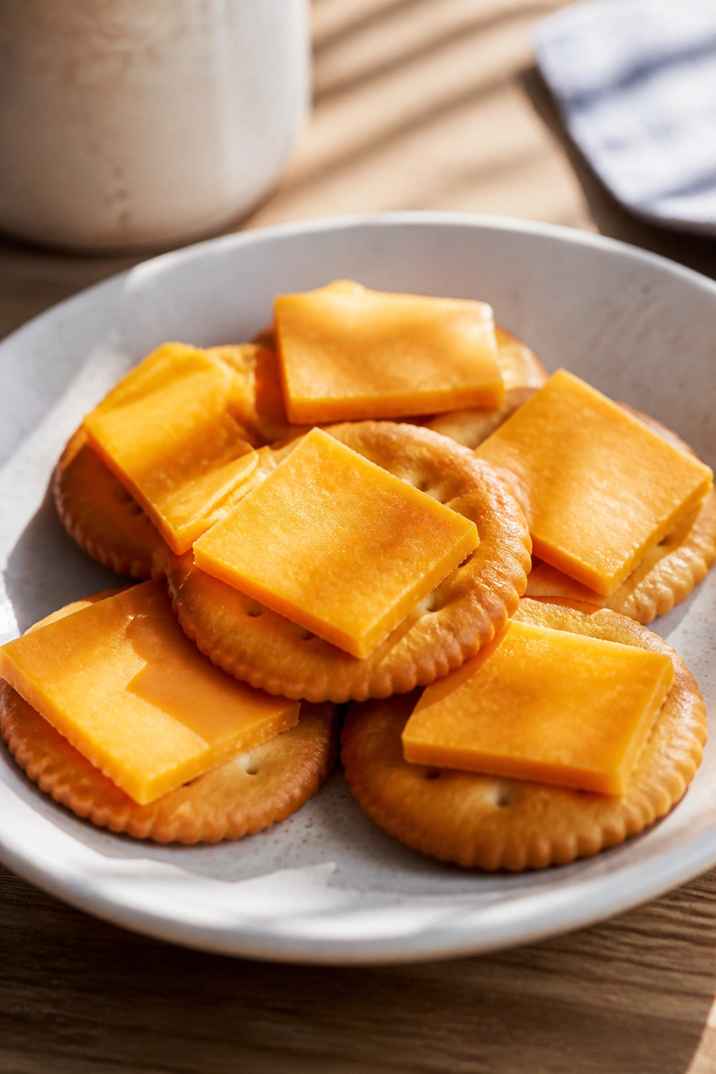 Close-up of crackers with cheese on a small plate