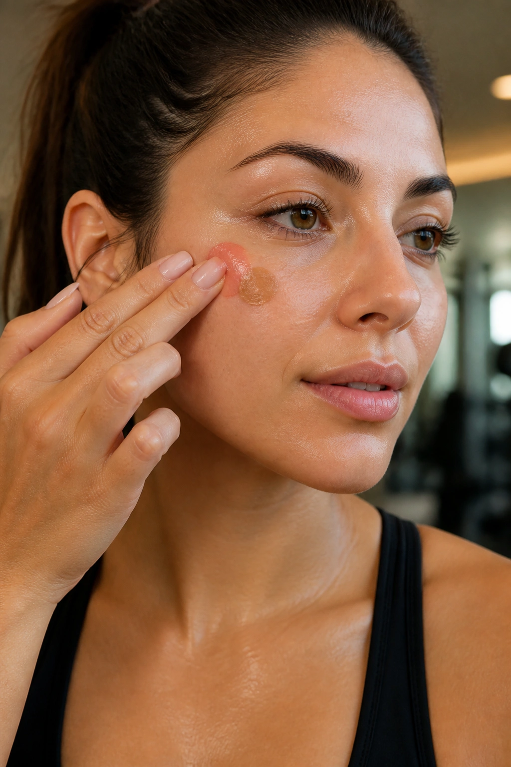 Cream blush and bronzer blending on cheek with dry-down finish