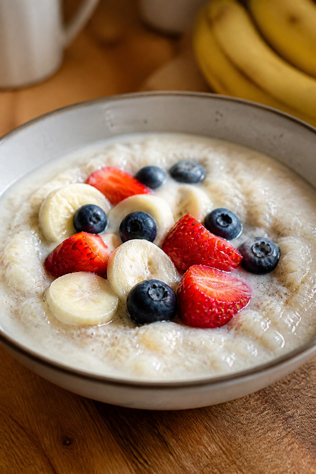 Cream of Wheat porridge in a bowl with fruit on a warm kitchen counter.