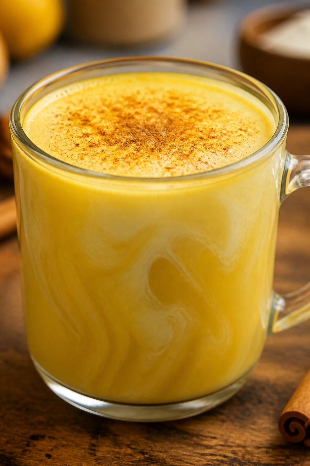 Close-up of creamy coconut milk golden tea in a glass mug with cinnamon dusting