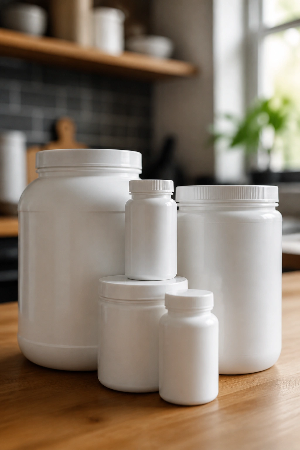 Close-up of unlabeled supplement containers stacked on a wooden counter in natural light