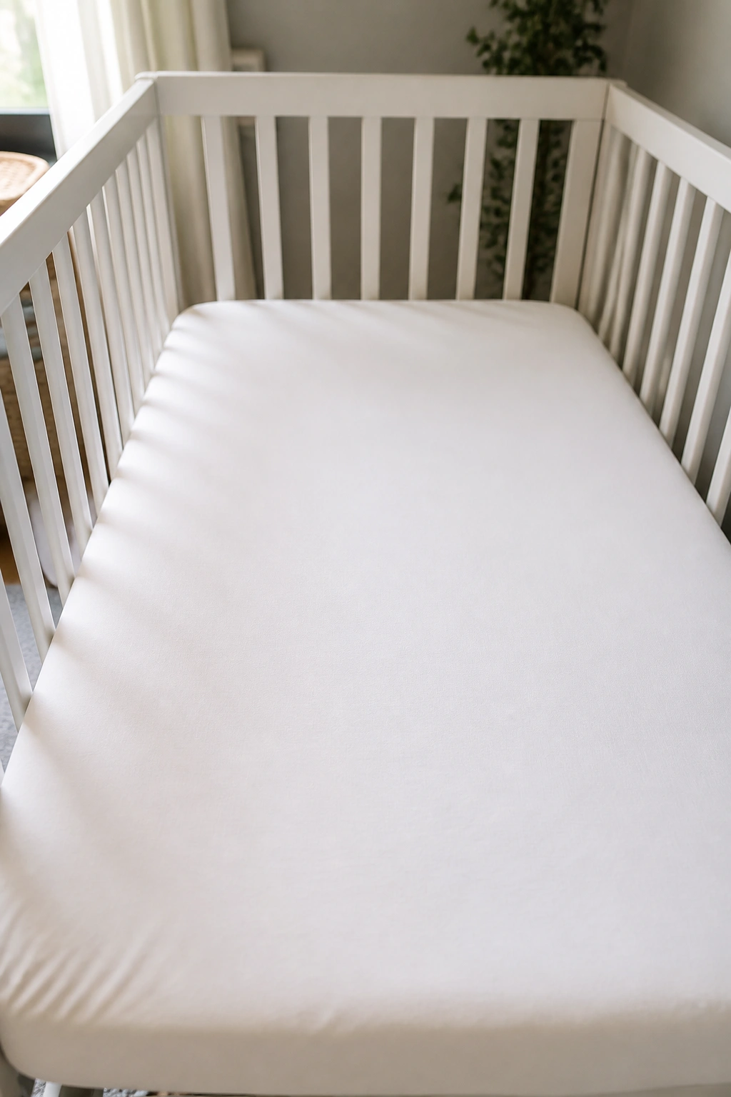 Close-up of a crib interior with firm mattress and snug sheet, no bumpers or blankets