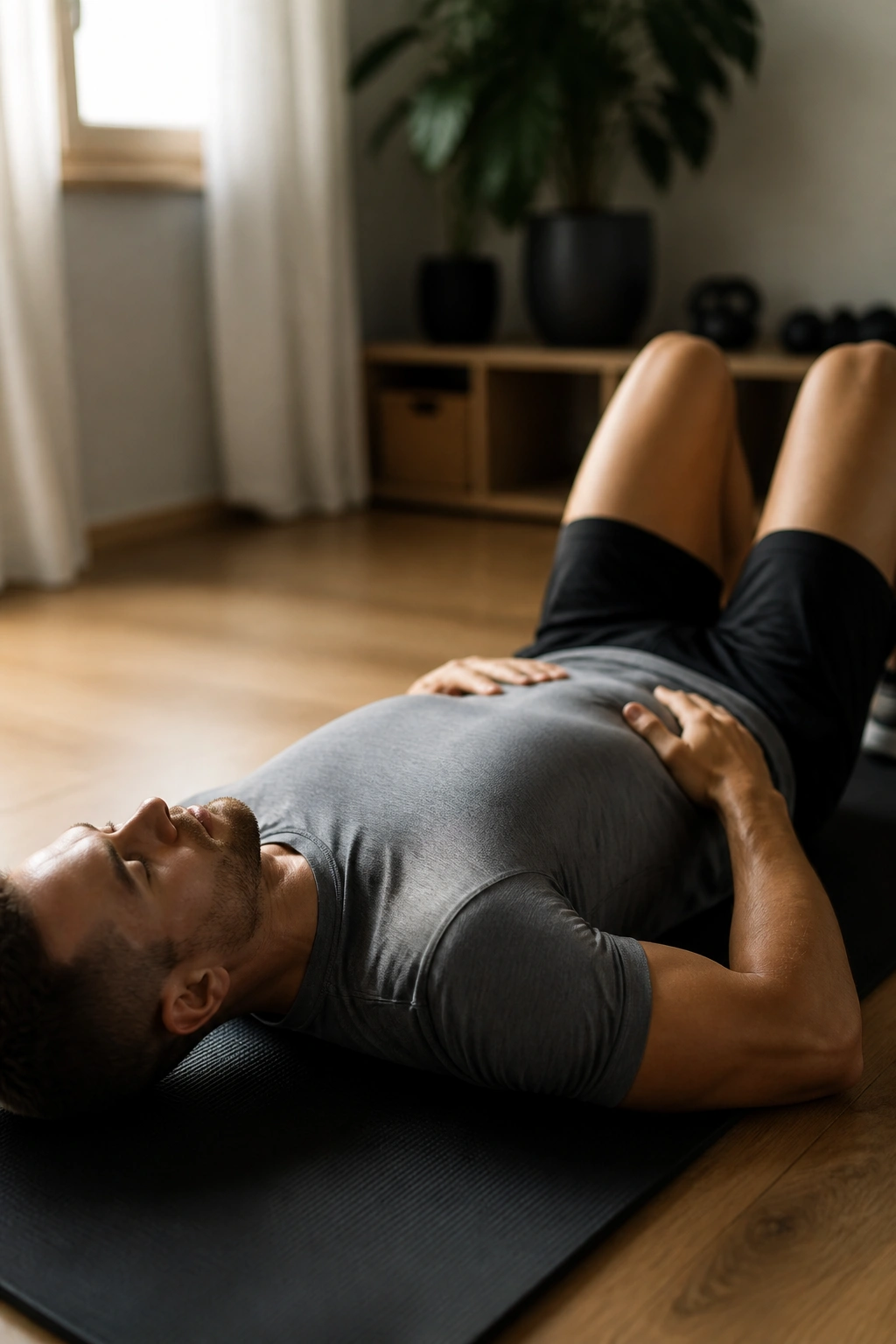 Close-up of a person lying on their back performing Crook-Lying 4-2-6 breathing with knees bent and hands on the abdomen