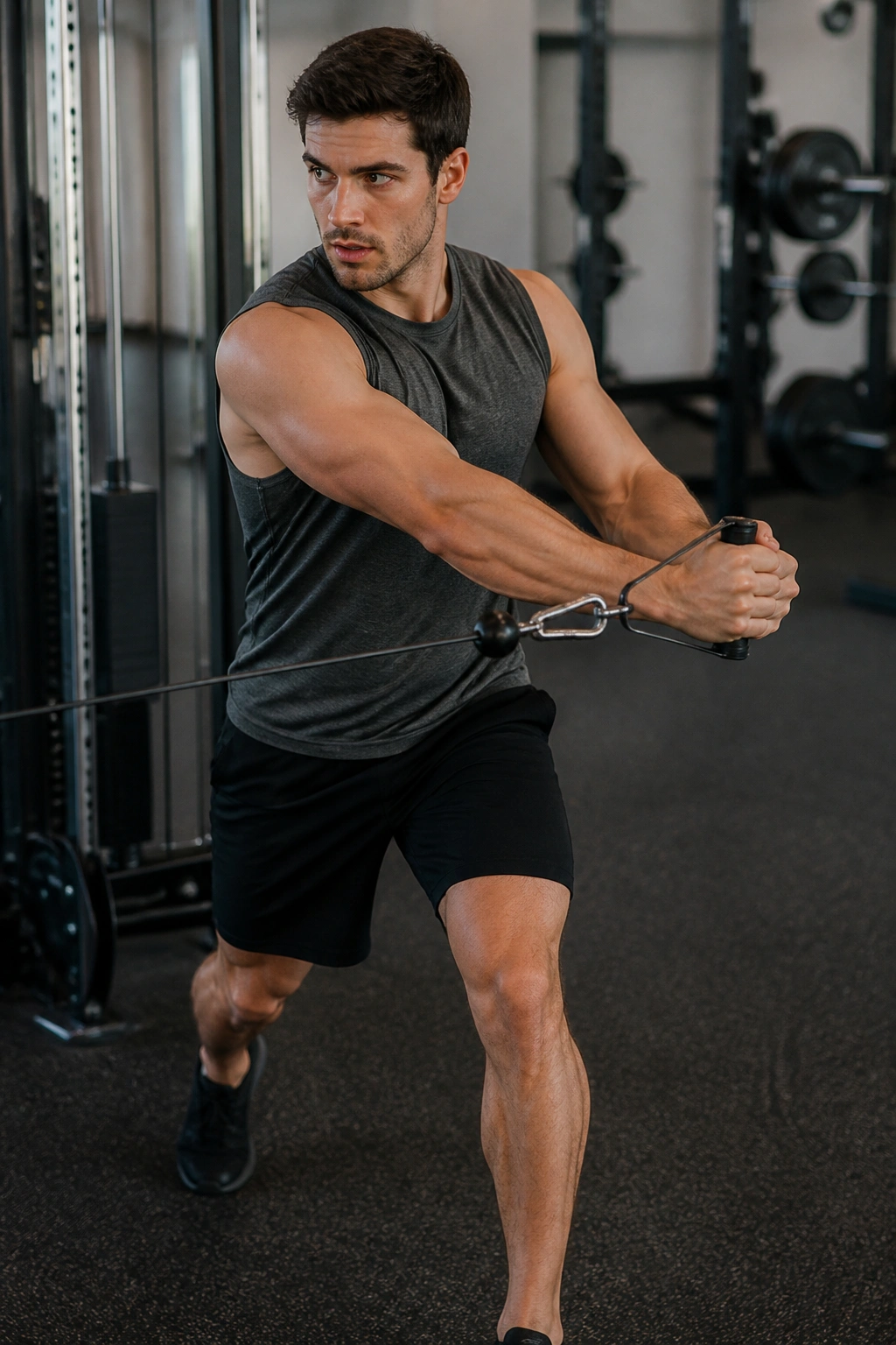 Close-up portrait of a person performing cross-body cable presses in a gym