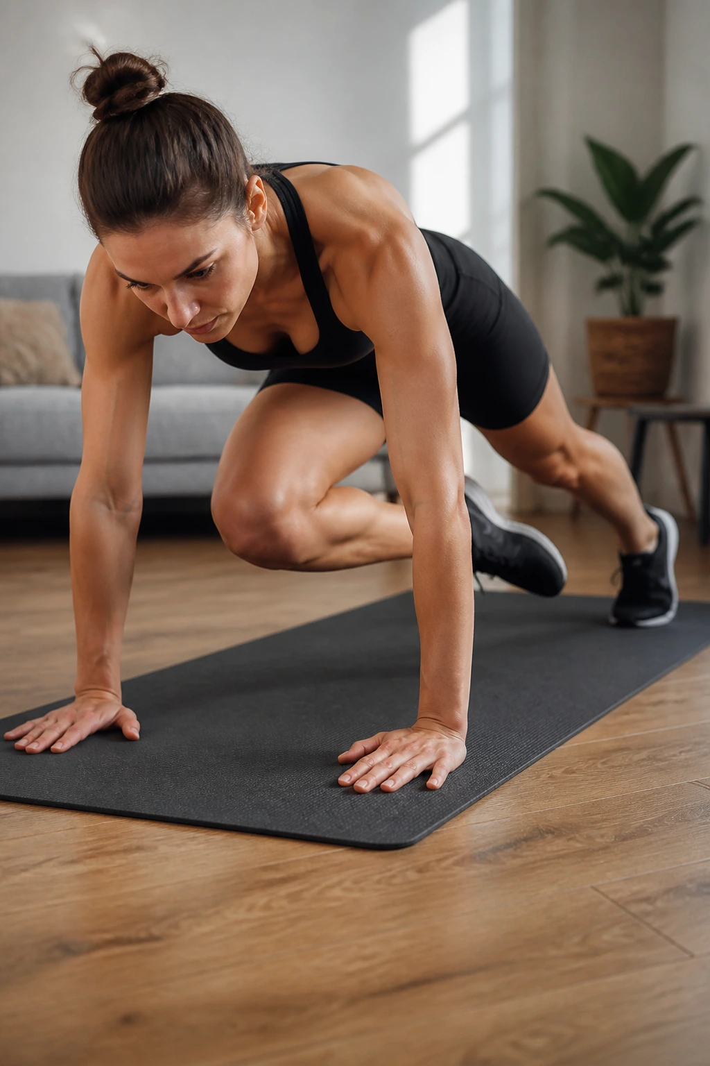 Person in high plank performing cross-body climbers.