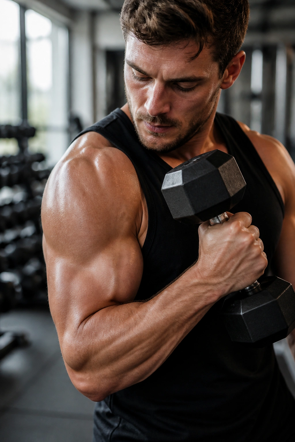 Close-up of a lifter performing Cross-Body Hammer Curl with a dumbbell in a gym