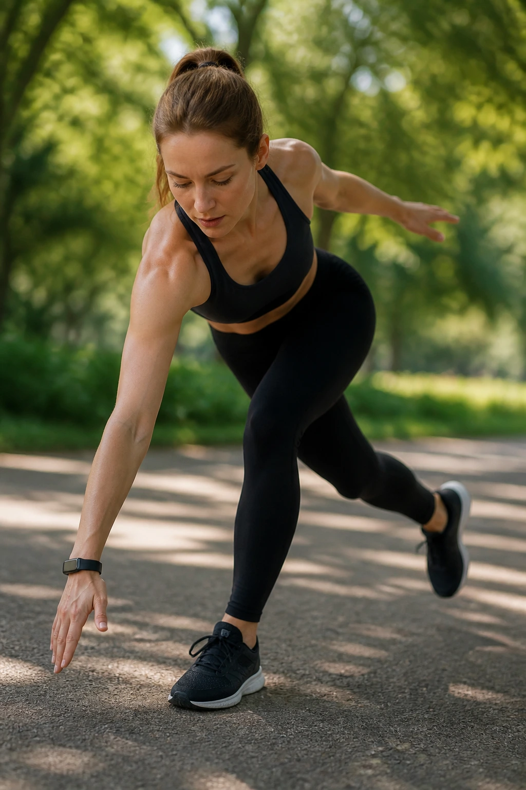 Real person performing cross-body coordination drill in a park setting