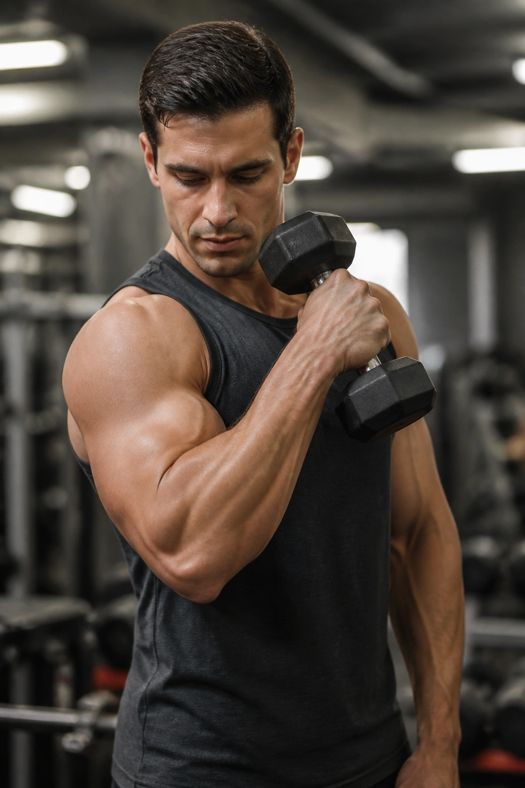 Close-up cross-body hammer curl showing diagonal path toward opposite shoulder
