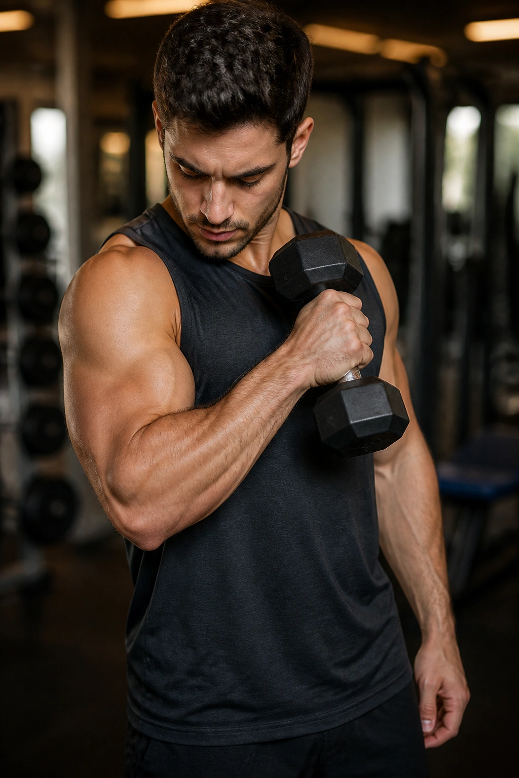 Cross-body hammer curl with diagonal lift toward opposite shoulder