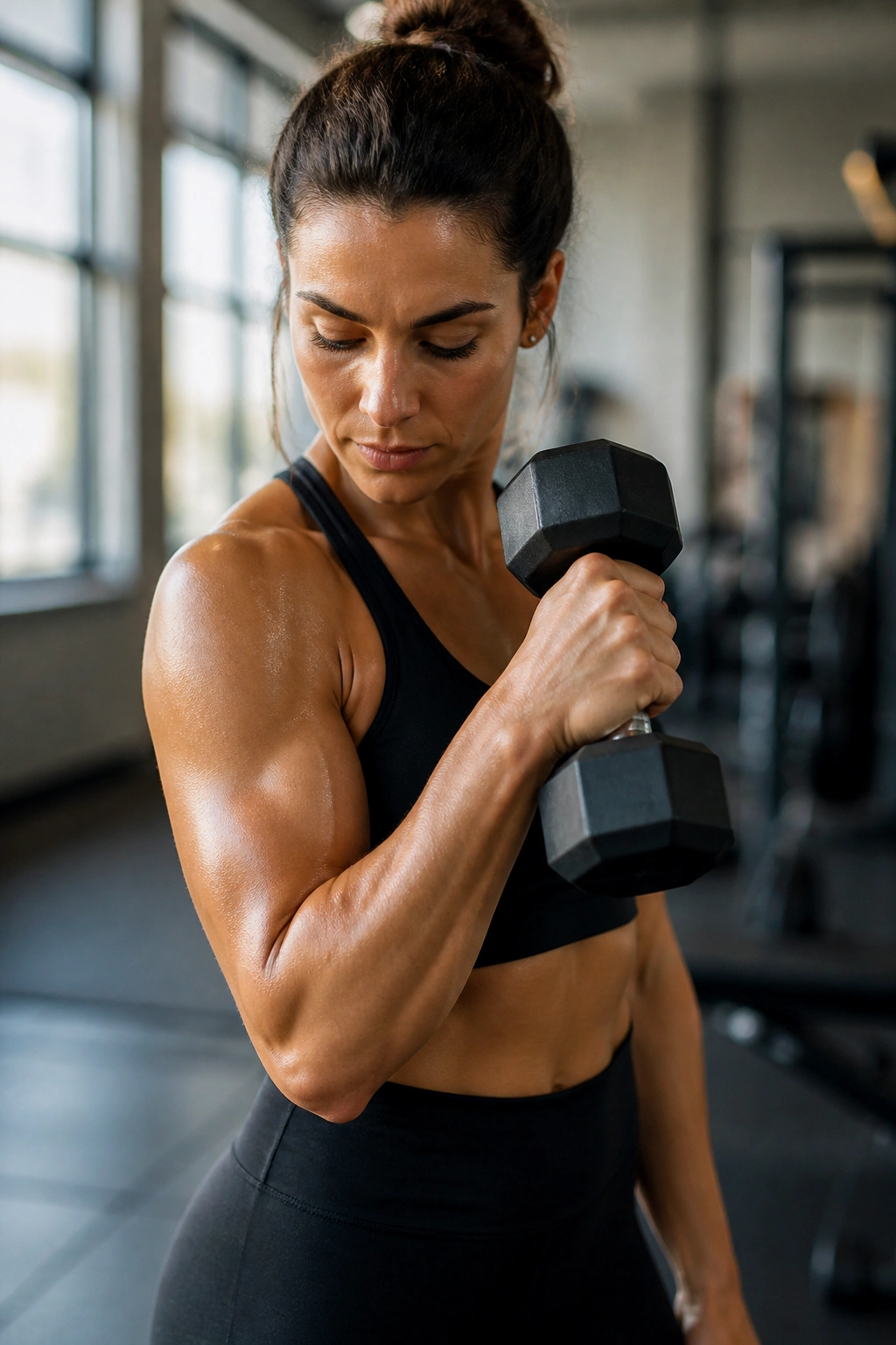 Close-up of cross-body hammer curl in a real athlete performing the move in gym