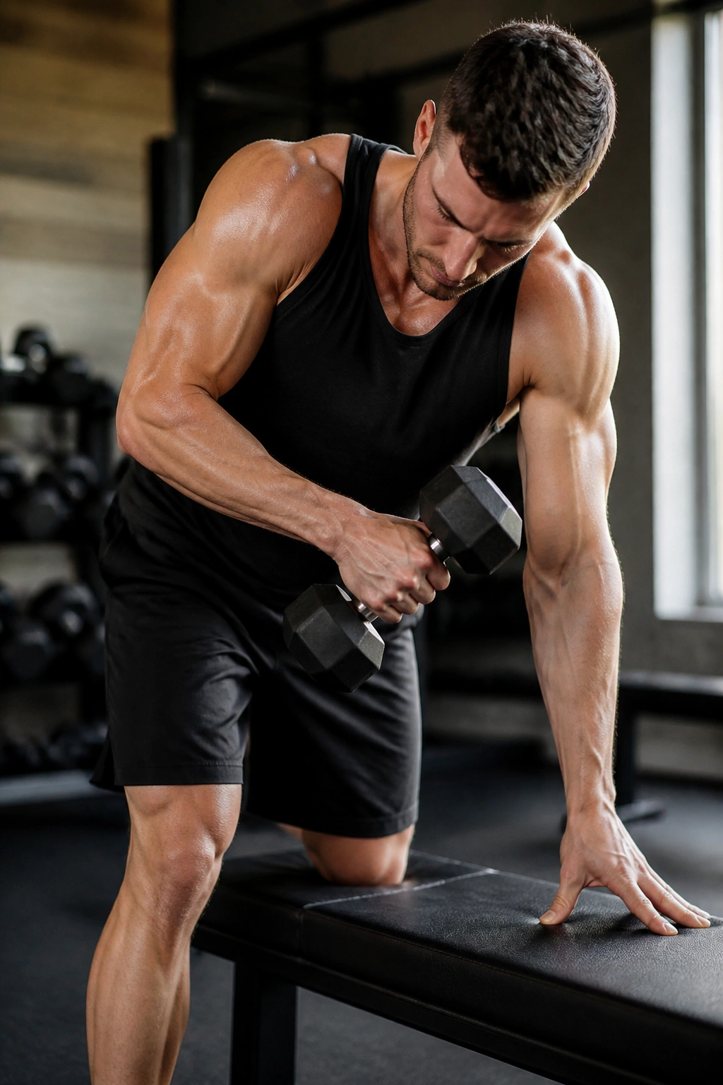 Medium-close-up of a person executing cross-body kickback with dumbbell crossing the torso