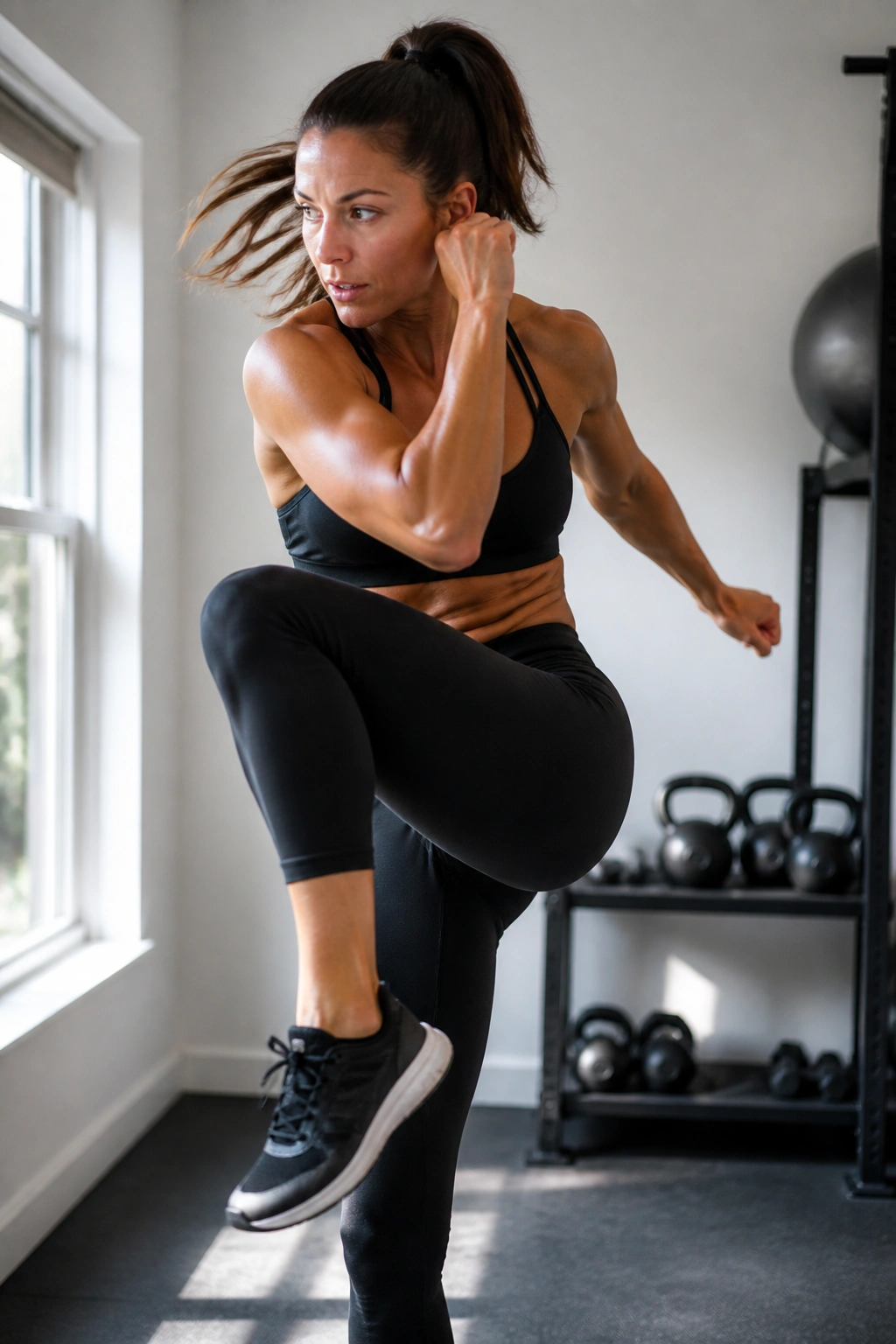 Close-up of Cross-Body Knee Drives showing torso twist and elbow-to-knee contact in a sunlit home gym