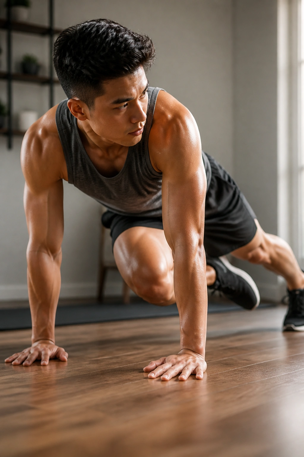 Real person performing Cross-Body Mountain Climber in a home gym, knee toward opposite elbow