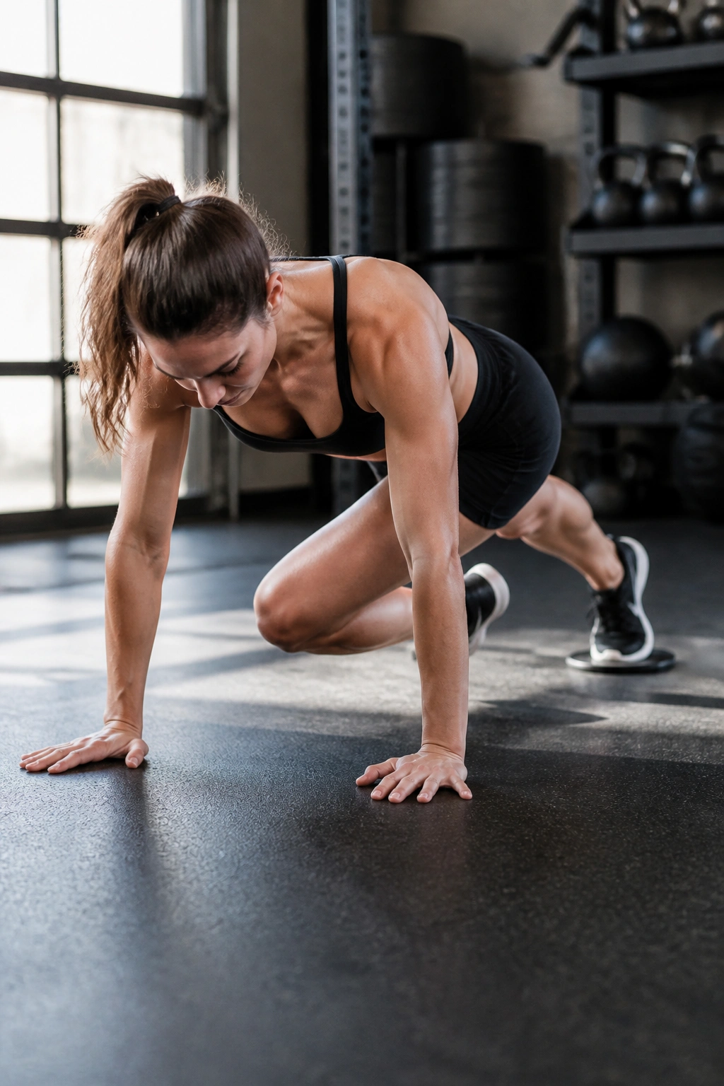 High-angle mid-shot of cross-body mountain climbers with sliders in a gym.