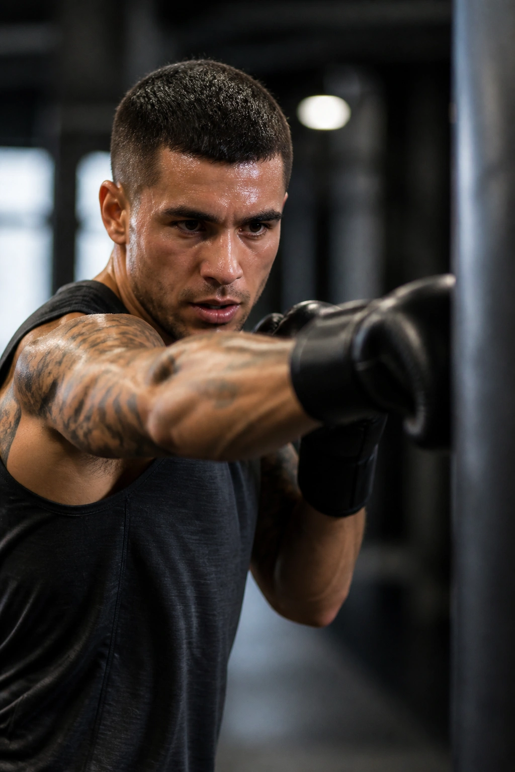 Athlete delivering a cross punch toward a heavy bag in a gym
