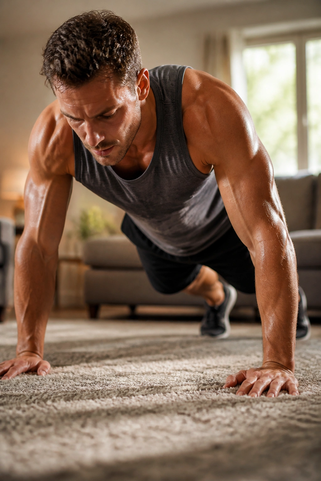 Medium close-up of a fit person performing a burpee in a living room, no equipment, CrossFit AMRAP.