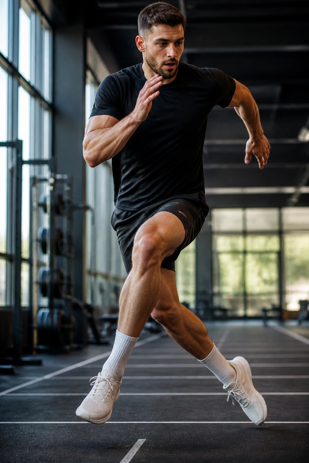 Athlete performing a crossover bound in a gym with a diagonal landing