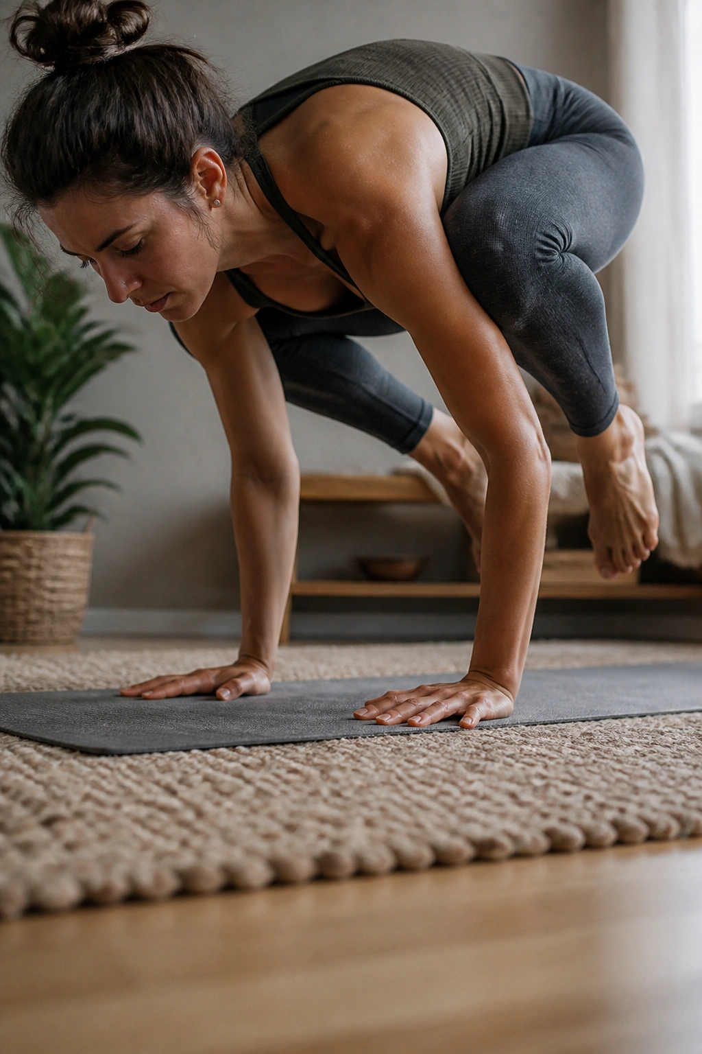 Close-up of crow prep with knee on arms and tiny hops, focus on balance and core.