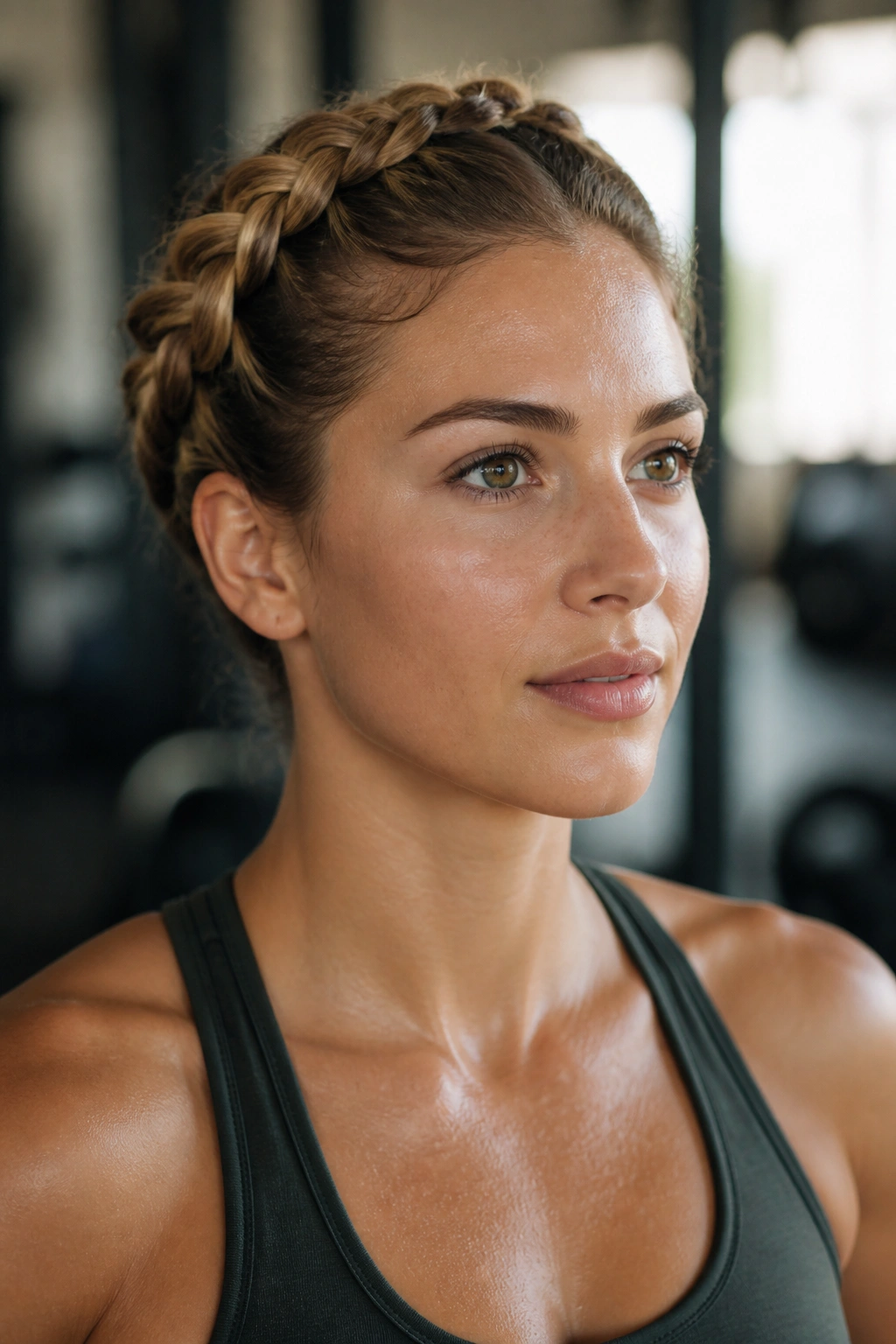 Close-up of a real woman's head wearing a crown braid during a workout
