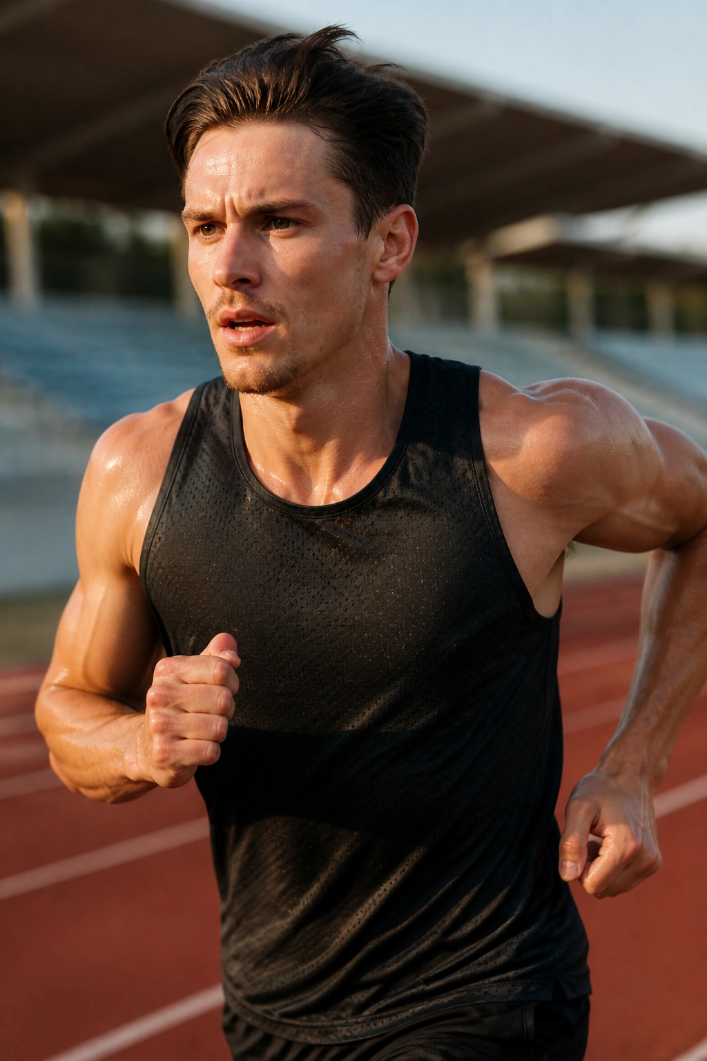 Close-up runner during cruise intervals on track, focused and strong
