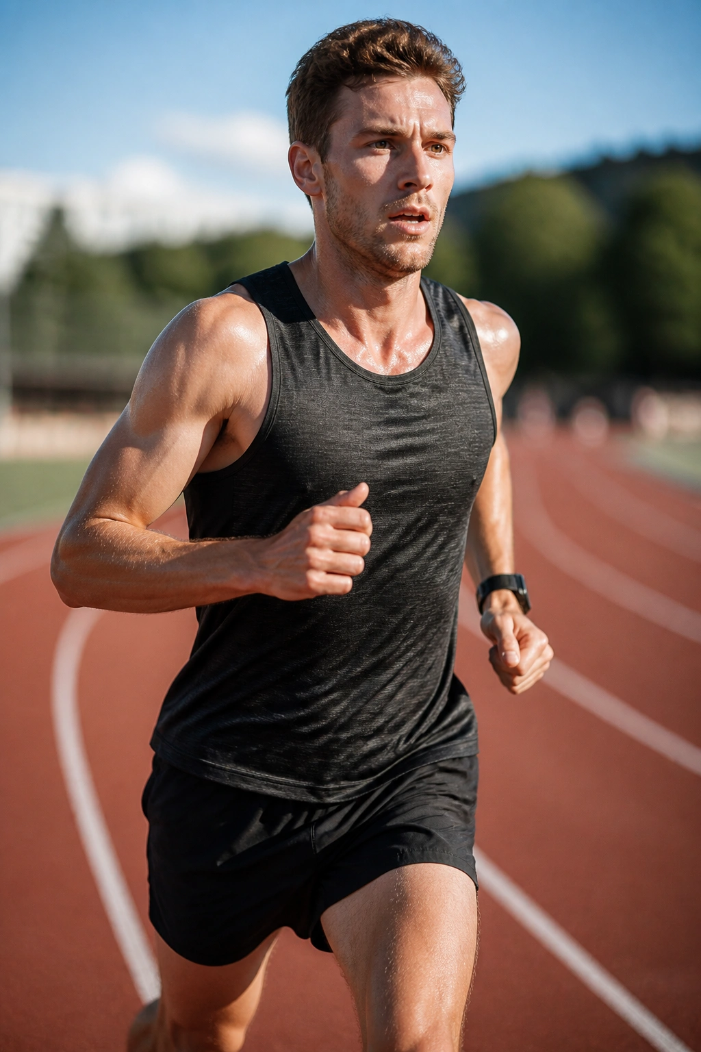Runner performing cruise interval tempo workout on outdoor track, medium close-up.