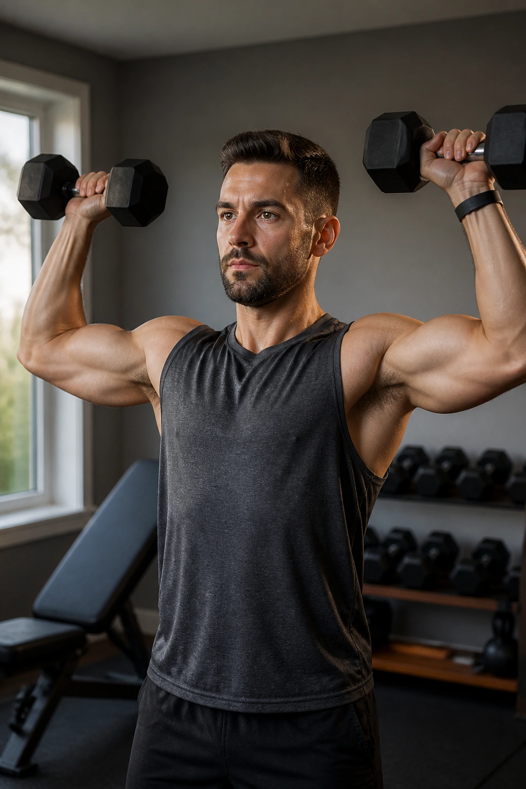 Medium close-up of a person performing a Cuban press with light dumbbells, elbows high during rotation