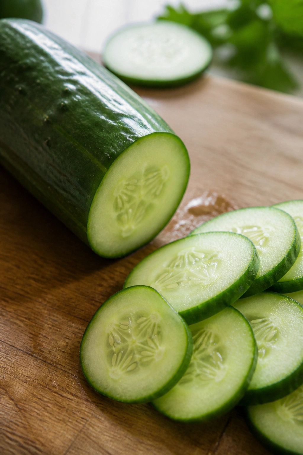 Close-up of fresh cucumber on cutting board with slices