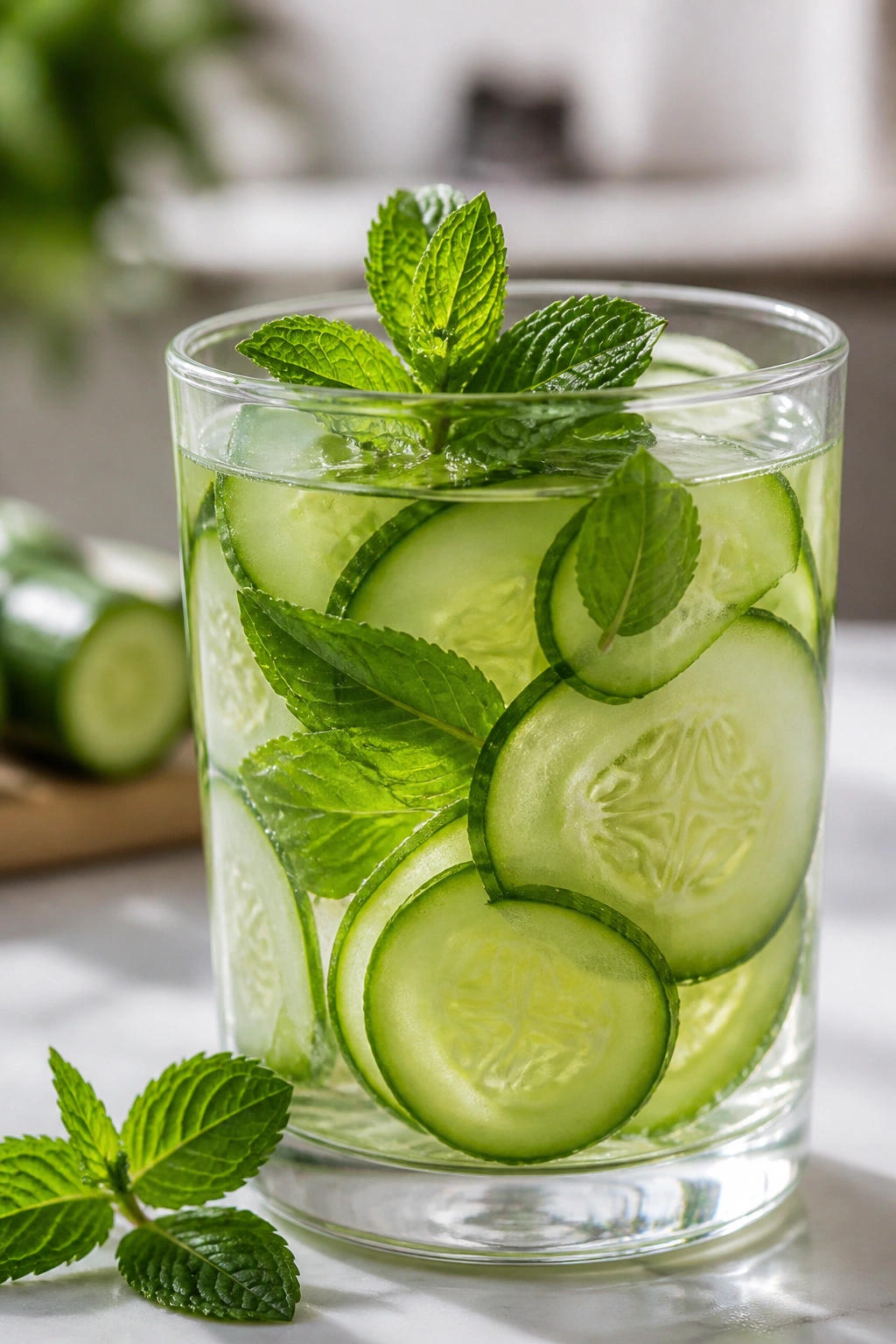 Close-up of cucumber mint infused water in a glass