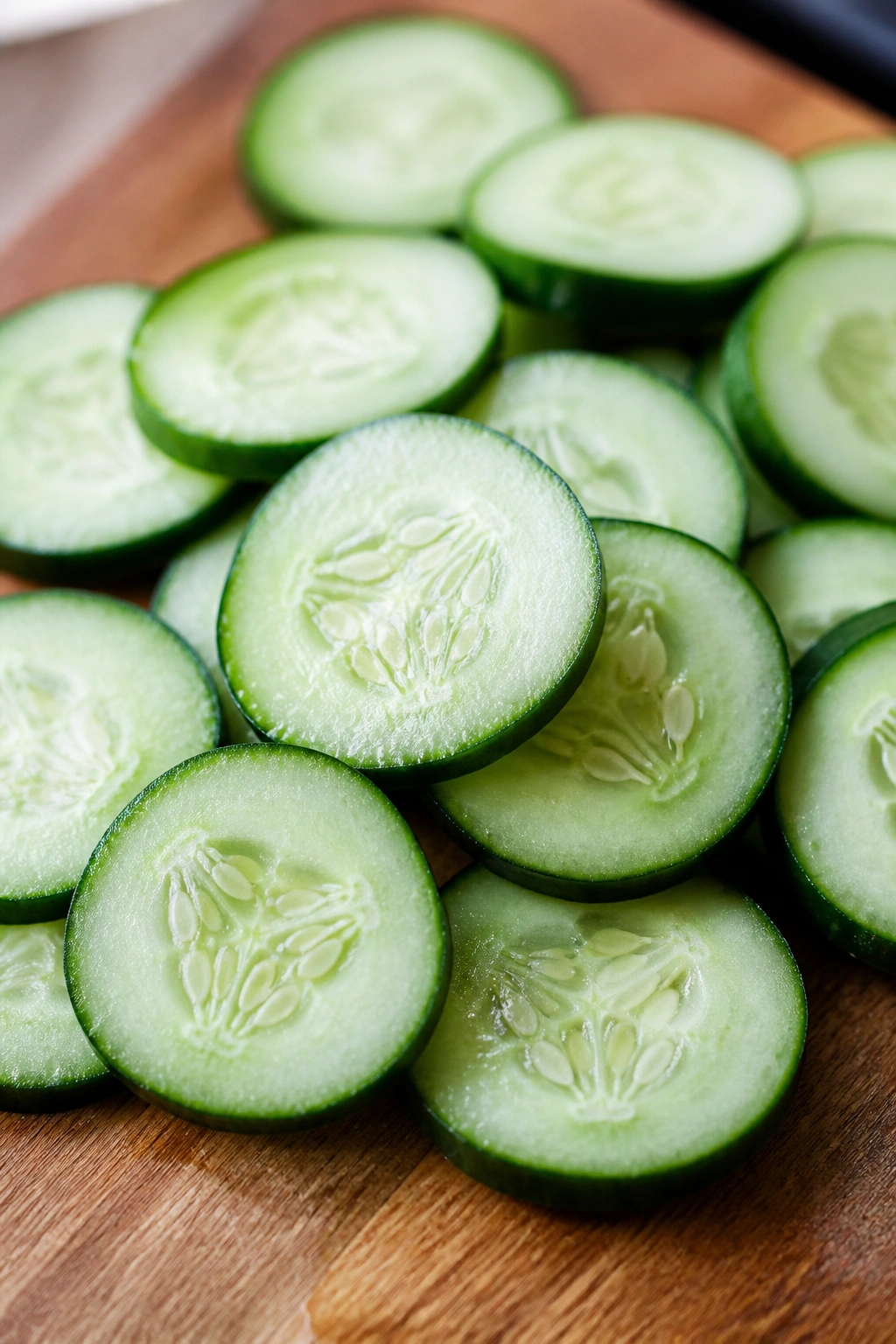 Close-up of cucumber slices on a cutting board in a kitchen.
