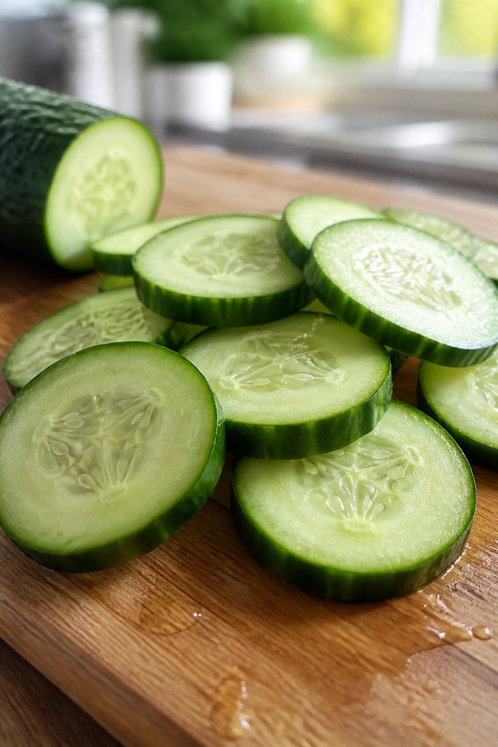 Close-up of cucumber slices on a cutting board in bright kitchen