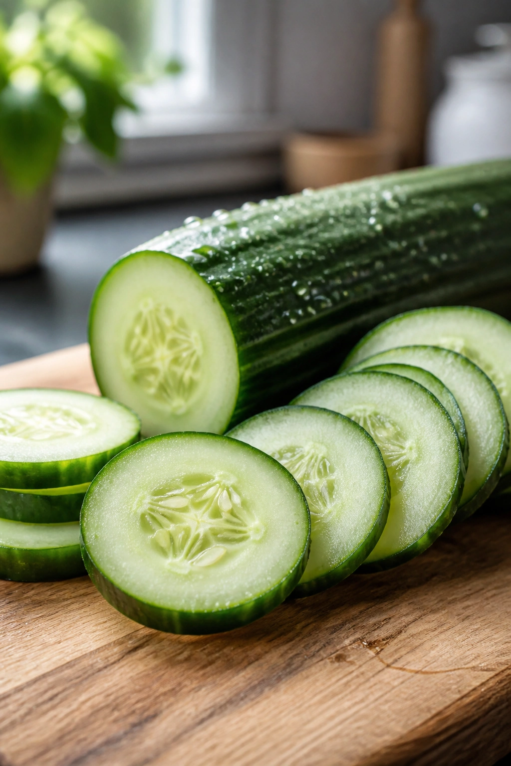 Close-up of crisp cucumber slices and whole cucumber on cutting board