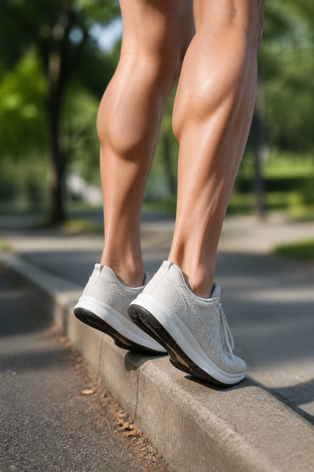 Close-up of legs performing curb calf raises in a park
