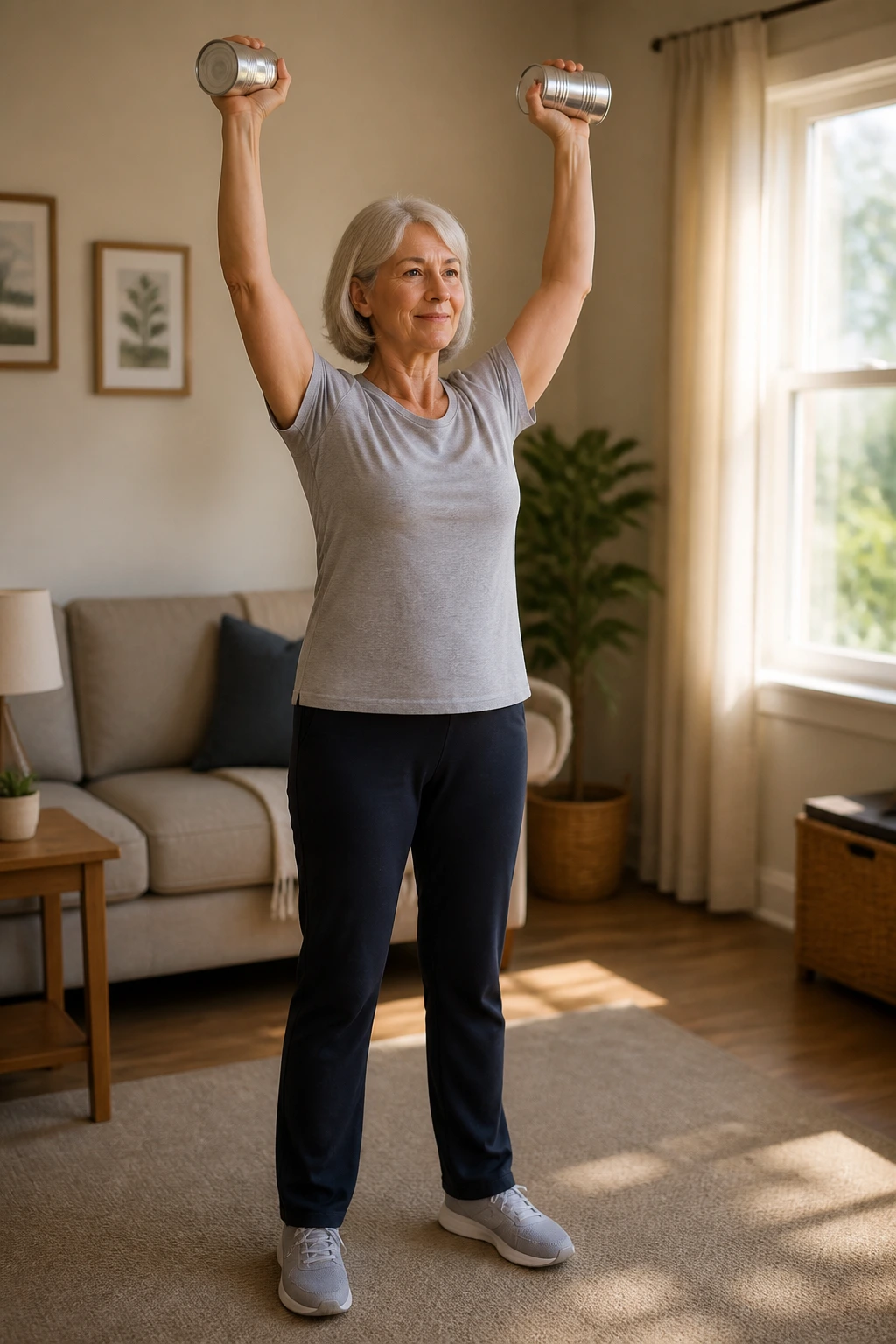 Person performing curl-to-press with light weights in a living room