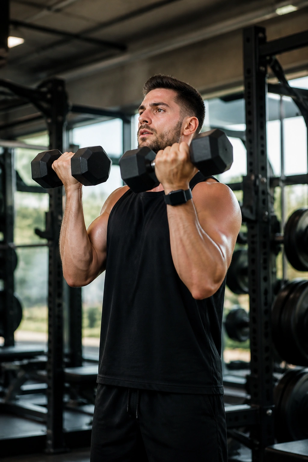 Medium close-up of a person performing a curl-to-press with dumbbells in a gym