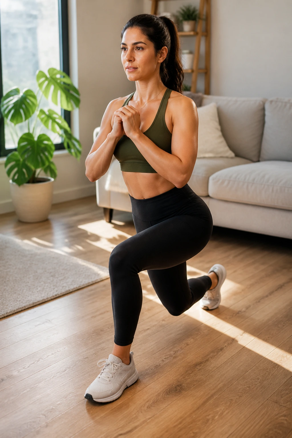 Close-up of a woman performing a curtsy lunge in a bright home space