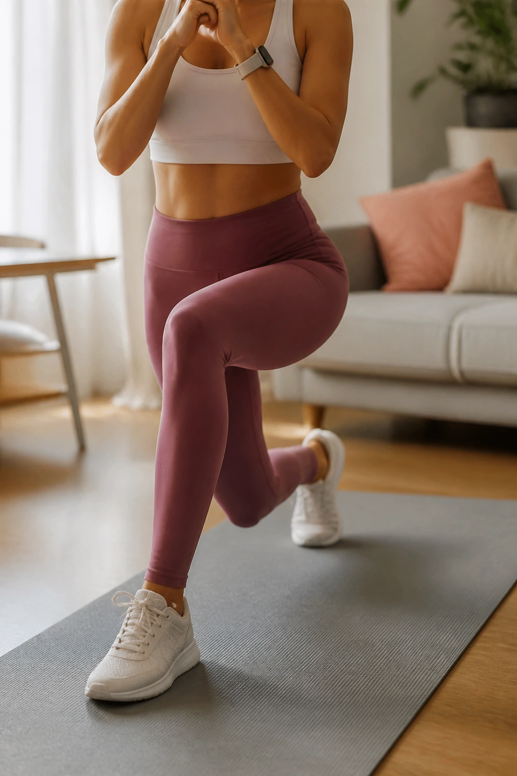 Woman performing curtsy lunges with proper knee alignment