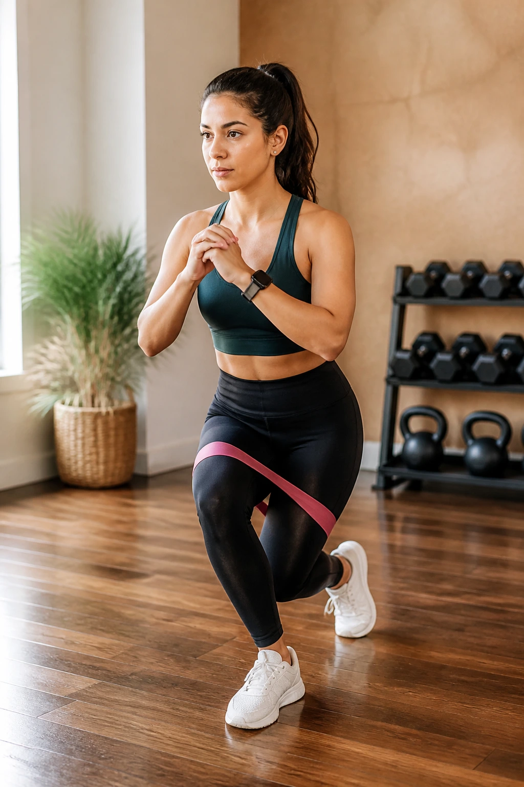 Side view of a person performing curtsy lunge with resistance band above knees