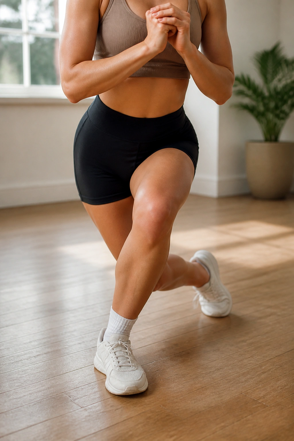Close-up of a real person performing a curtsy lunge with hips square and back leg crossed behind