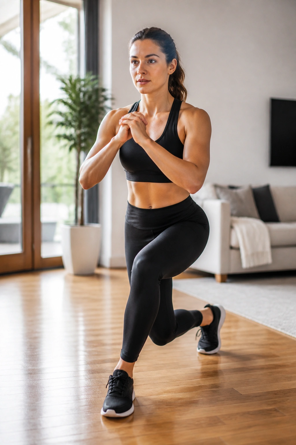 Real person performing a curtsy lunge in a living room