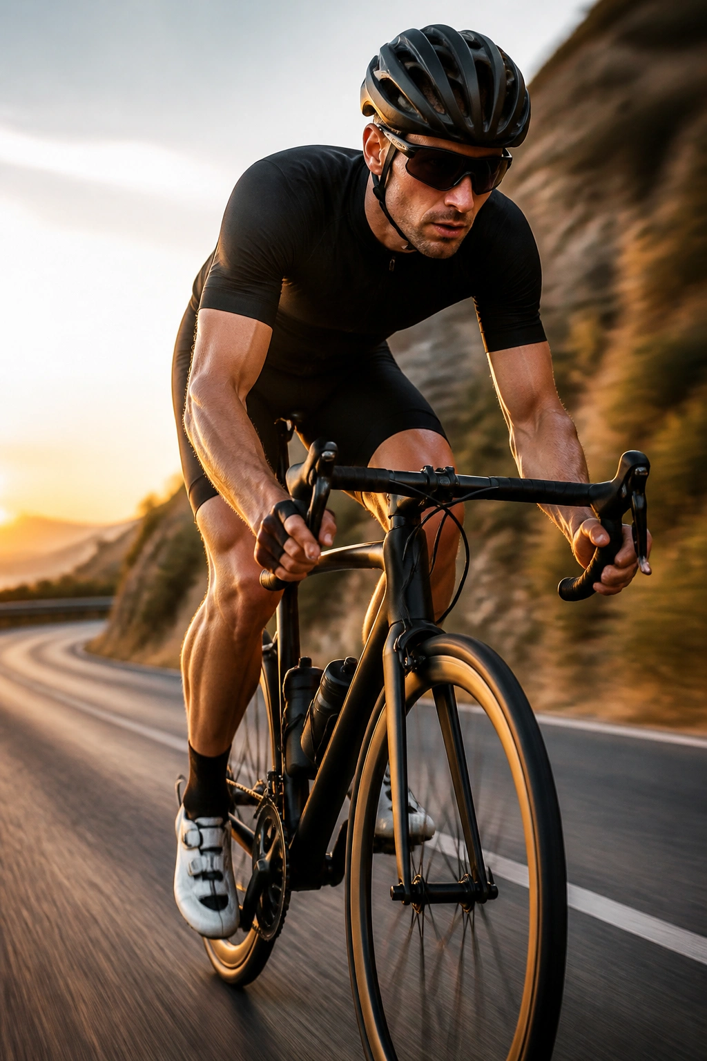 Cyclist on road bike pedaling with high cadence on an open road