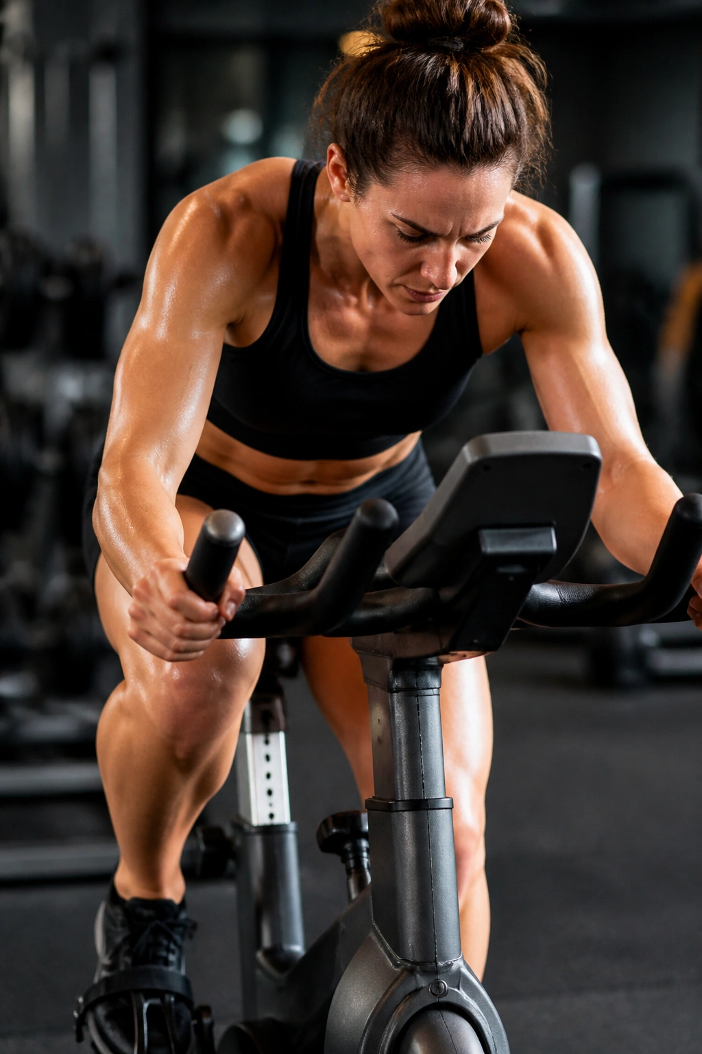 Person pedaling vigorously on a stationary bike in gym during interval sprints