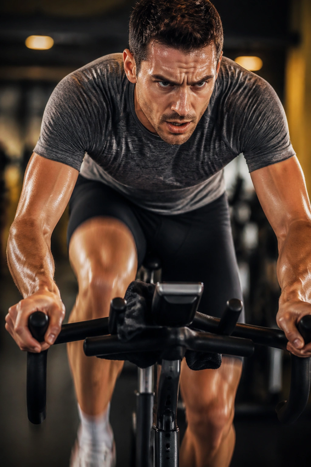 Real person sprinting on an indoor cycling bike with intense focus