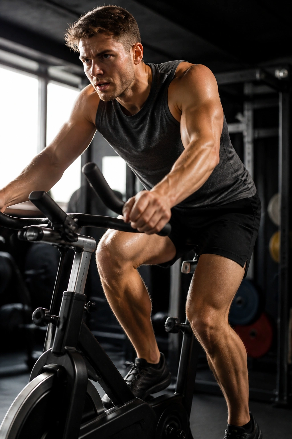 Real person sprinting on a stationary bike in a gym